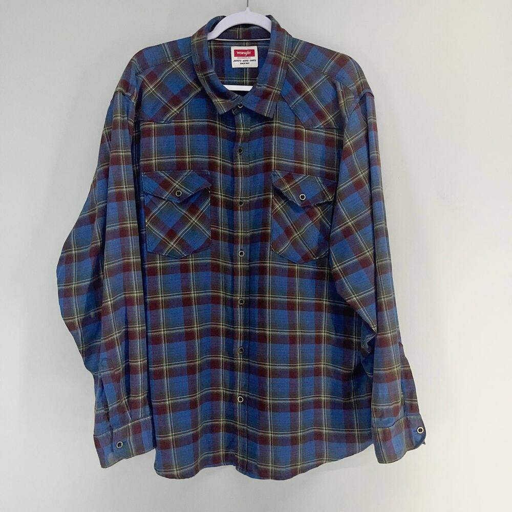 Wrangler Cloud Flannel Button Down Shirt Mens 2XL Blue Plaid LS Grunge Workwear